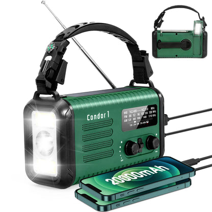 20000mAh Crank Radio, Emergency Radio, Solar Radio, NOAA/AM/FM Weather Radio, Torch & LED Reading Light, SOS Alarm, Compass