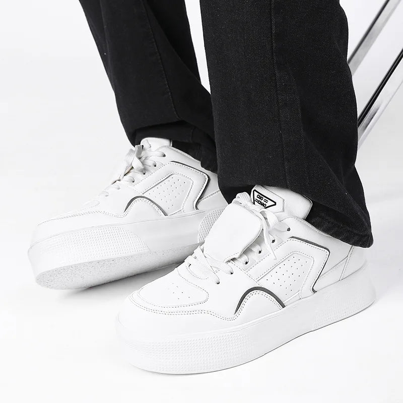 Devise White Men's Platform Sneakers Low Heel Lace-up Synthetic Upper PU Lining Rubber Outsole Comfort Walking Size 46 47