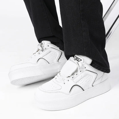 Devise White Men's Platform Sneakers Low Heel Lace-up Synthetic Upper PU Lining Rubber Outsole Comfort Walking Size 46 47