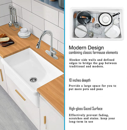 Luxury Unique Design Ceramic Farm Kitchen Sink with Strainer & Protective Bottom Grid