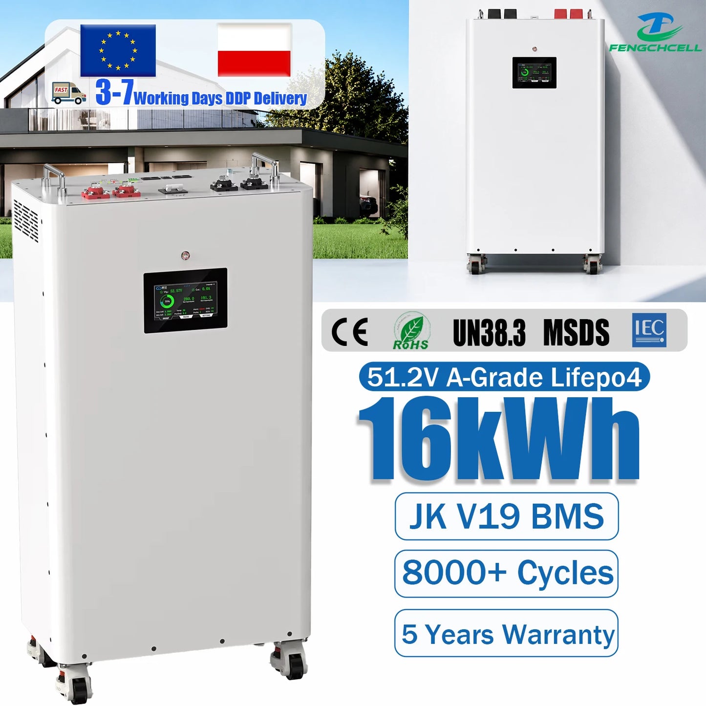 EU Stock Equipped with Sliding Wheel Battery 48V 51.2V 16kWh Landing Household Energy Storage Batteries Floor Standing Battery