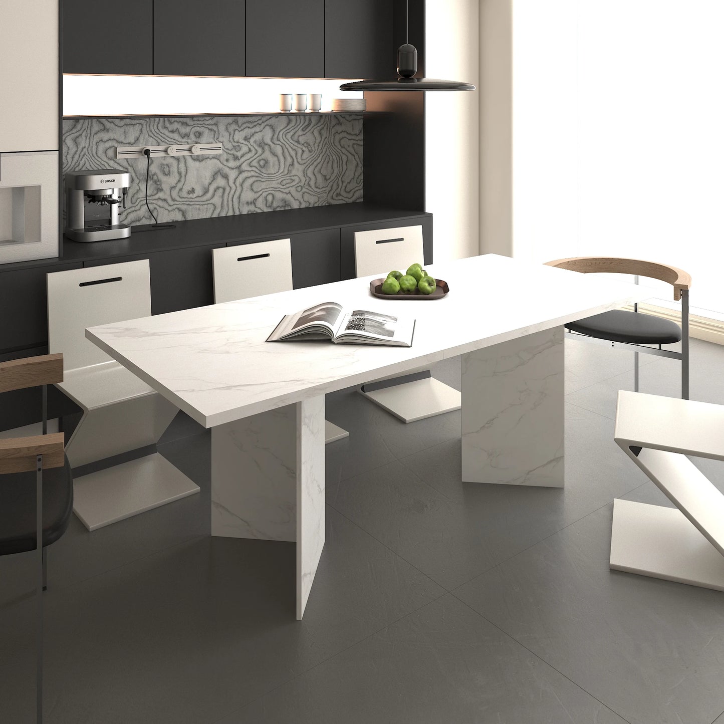 Extendable Dining Room Table for 6-10 Modern Faux Marble Wooden Long Large Rectangular Expanding Conference Kitchen Table White
