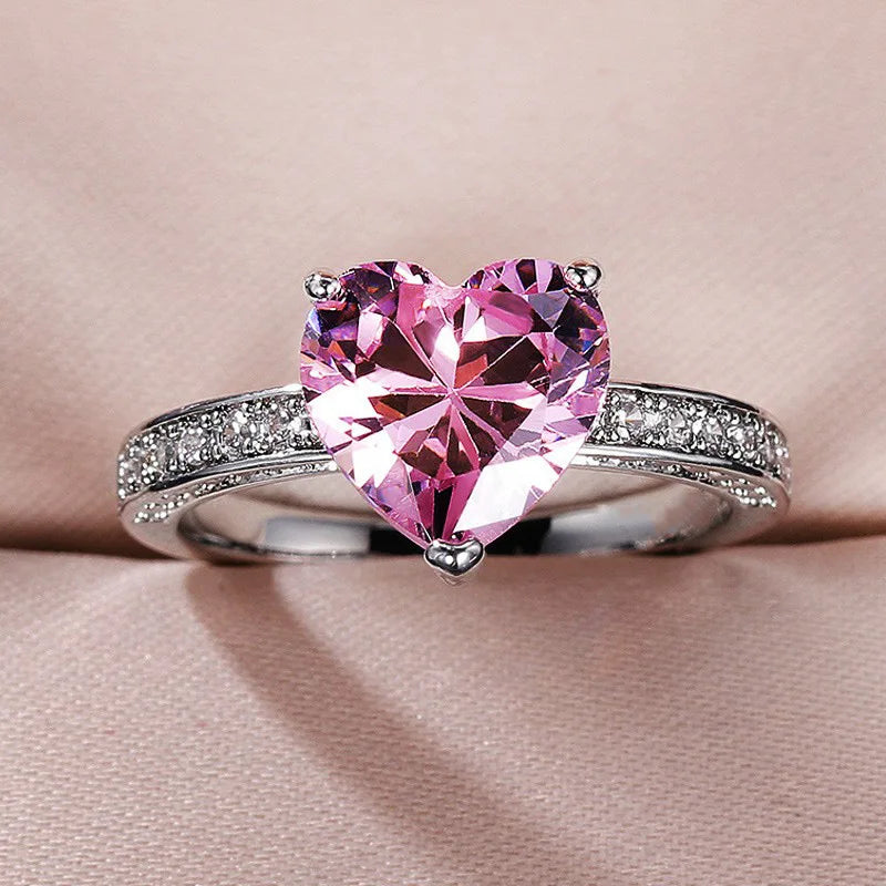 Q245 Heart Crystal & Rhinestone Ring 925 Silver Pave Setting Prong Engagement Women's Gemstone Ring