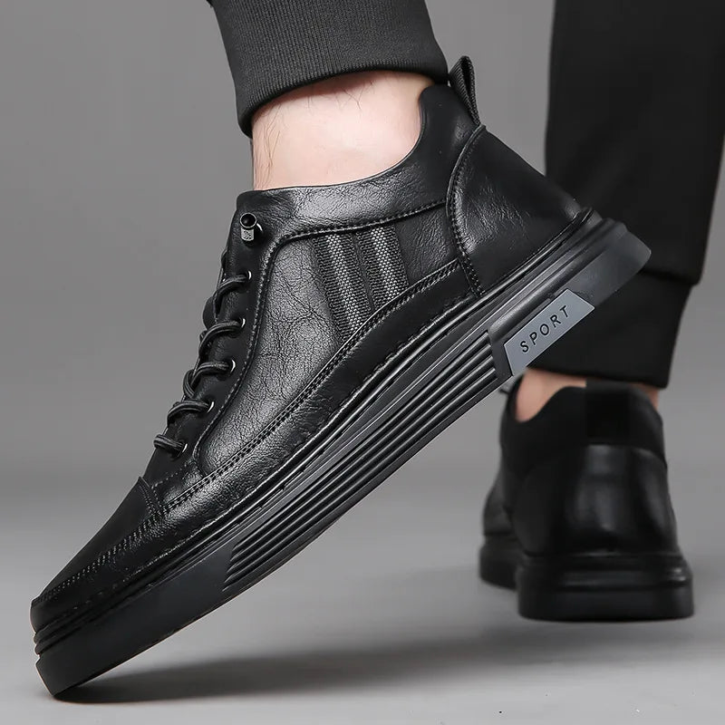 Men's Genuine Leather Lace up Round Toe Sporty Sport Shoes Black Autumn Plush Lined Soft Rubber Sole EVA Midsole Casual