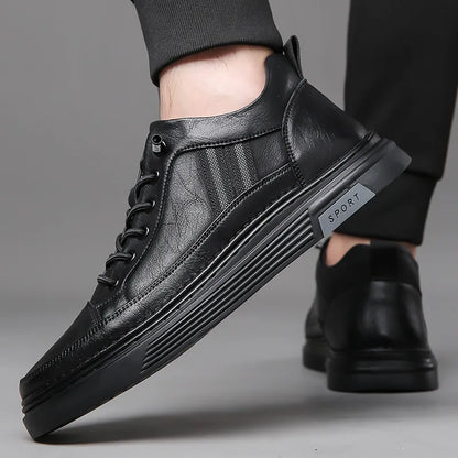 Men's Genuine Leather Lace up Round Toe Sporty Sport Shoes Black Autumn Plush Lined Soft Rubber Sole EVA Midsole Casual