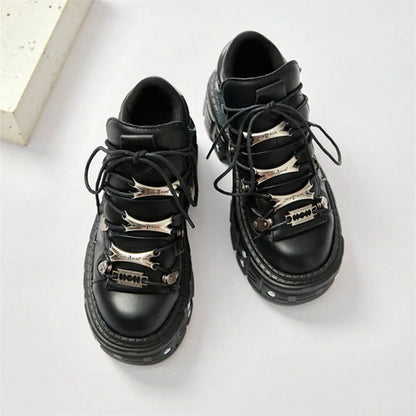 Punk Style Women's Black Shoes Rock Metal Decor Lace-up Platform Shoes Gothic Man's Leather Boots