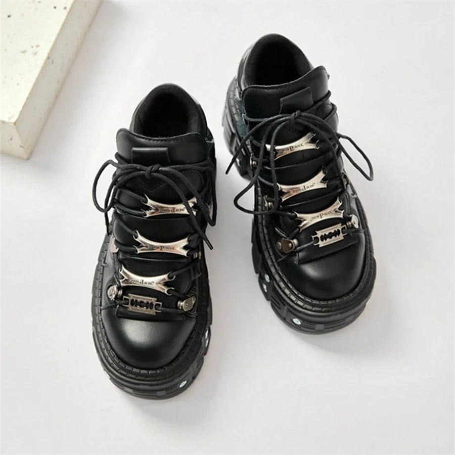 Punk Style Women's Black Shoes Rock Metal Decor Lace-up Platform Shoes Gothic Man's Leather Boots
