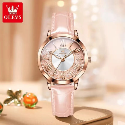 OLEVS 5539 Elegant Fashion Women's Watches Flowing Sand Ice Crystal Dial Quartz Watch Waterproof Leather Strap Lady Wristwatch