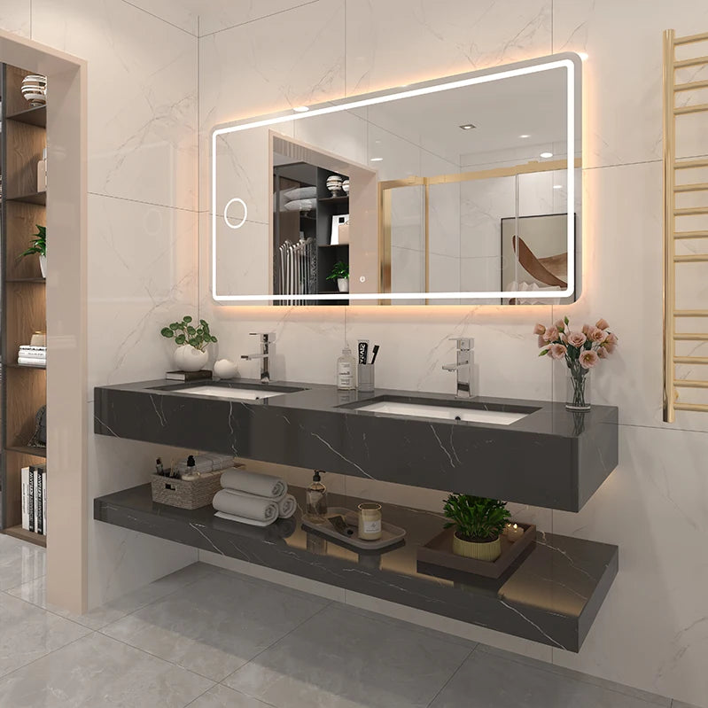 Stainless Steel Bathroom Vanities With LED Light Touch Screen LED Mirror Fashionable Rock Board LED Mirror Cabinets