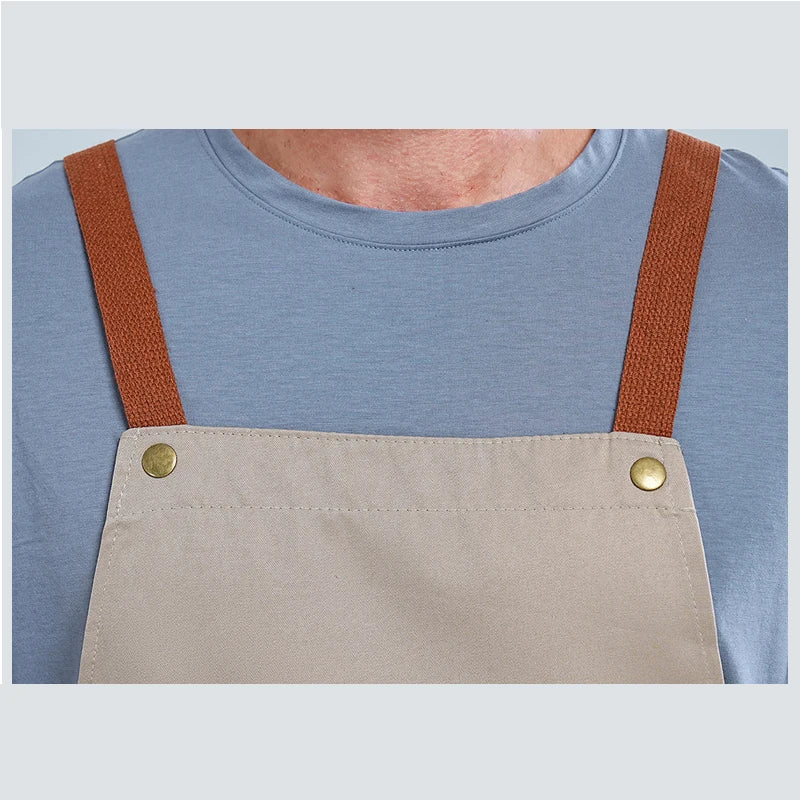 Khaki Kitchen Apron Waterproof Cross Adjustable Webbing Restaurant bar Barbershop Garden With Pocket Custom Logo
