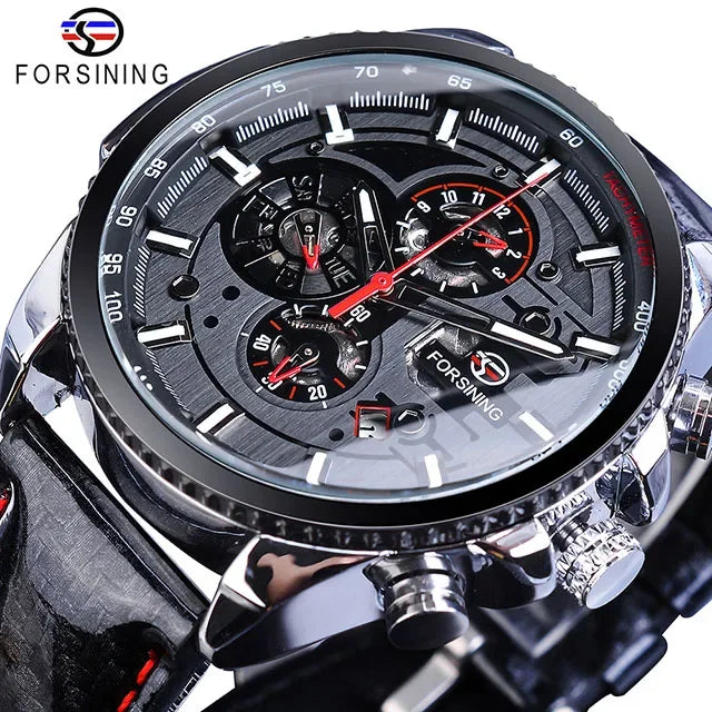 Forsining Watch Men Sport Mechanical Wristwatch Automatic Self-Wind Clock Date 3 Dials Shiny Leather Business Waterproof Relogio