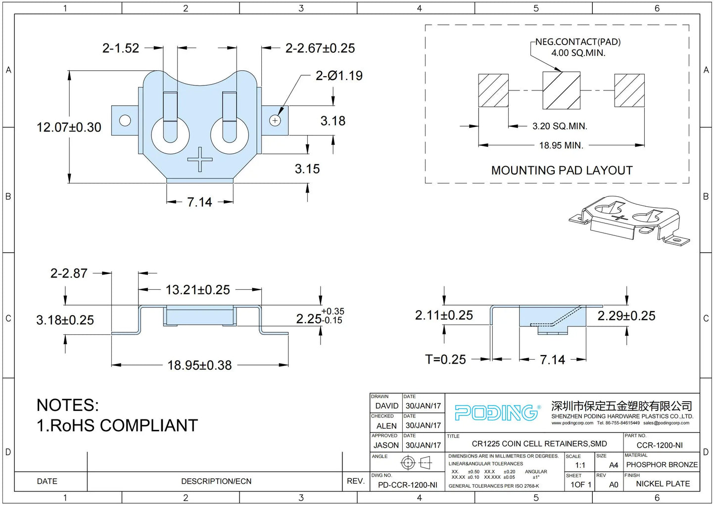 Poding SMD/SMT CR1220, CR1225 Battery Holder 12MM Coin Cell Battery Retainer Clip