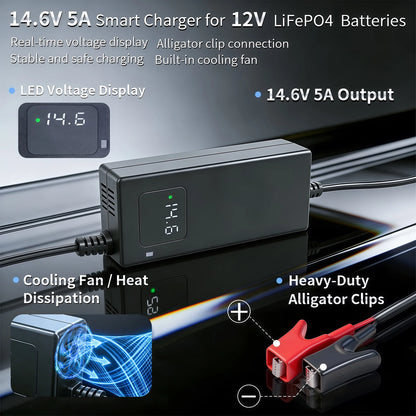 14.6V 5A LiFePO4 Battery Charger for 12V Lithium Batteries Smart Iron Phosphate Crocodile Clips RV Marine