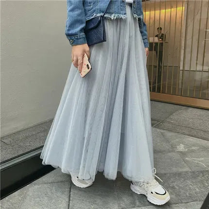 TingYiLi Elegant Tulle Skirt Autumn Winter Big Swing Women Skirt Korean Cute Pink Green Gray Blue Brown Black Long Skirt Tutu