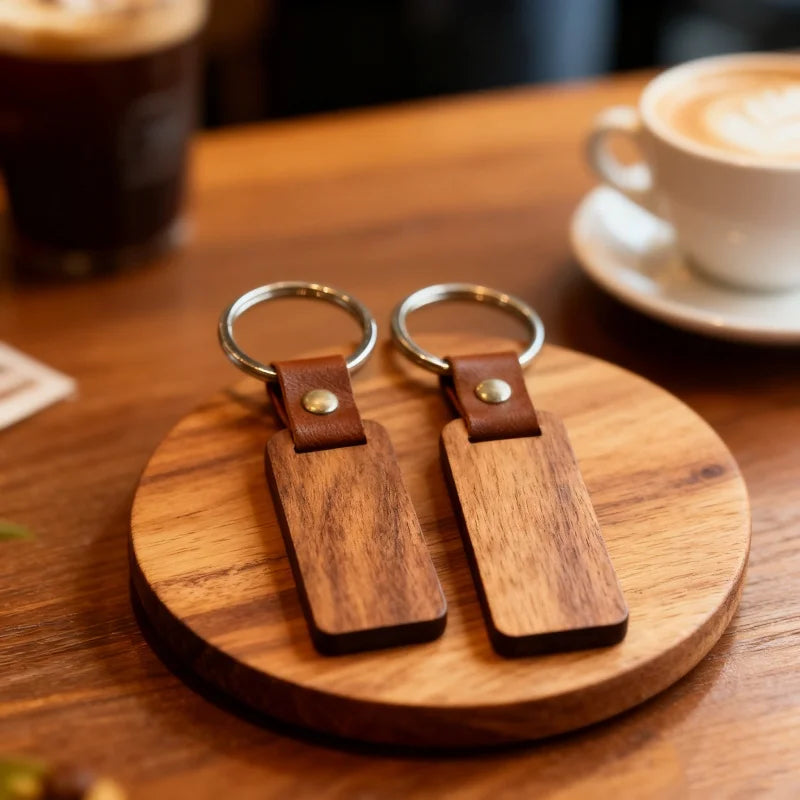 Stock 10pcs Wooden Blank Keychain for Engraving Painting Keychains With Leather Strap Keychain for Key Tag Luggage Tag Gift
