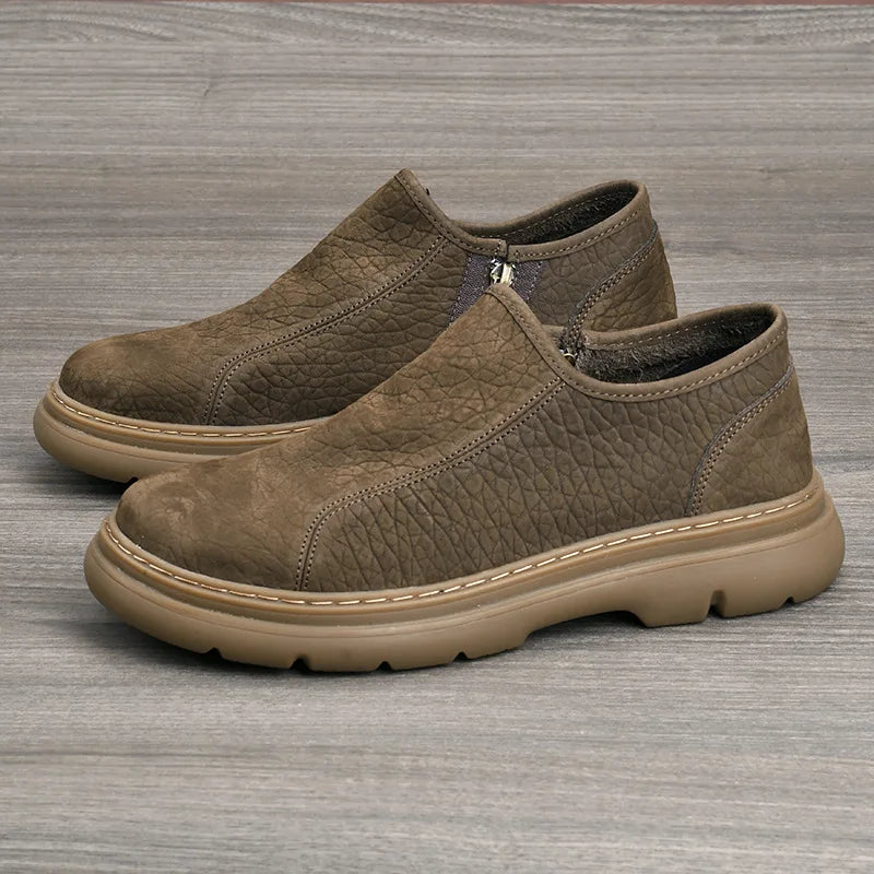 Men's Genuine Cow Leather Slip-On Toe Casual Shoes Breathable Cotton Fabric Rubber Outsole Walking Style Comfortable Lightweight