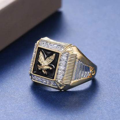 H104 Men's 22k Gold Plated Diamond Ring With Eagle Design Black Inlay Everyday Wear Jewelry