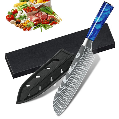 Ultra Sharp 7 Inch Santoku Knife Stainless Steel Blade Japanese Chef Knife with Colorful Resin Handle,Gift Box for Family