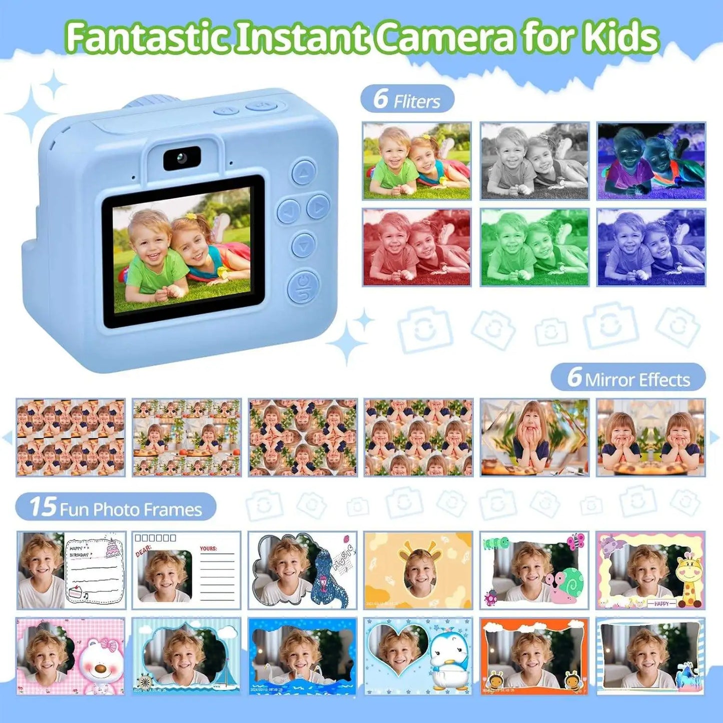 JXD Printable Toy Camera Very Portable Dual Lens Selfie Camera for Kids 1080P HD Photo with Printing Paper Best Gift