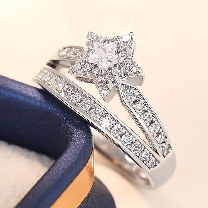 T0206 Silver Diamond Ring Princess Cut Natural G Color Women's Engagement Ring With Side Stones