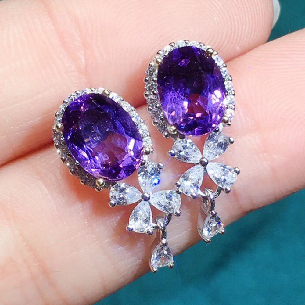 Maegestic Purple Drop Earrings with Oval Gemstone and Pear Cut Crystal Flower Design Zinc Alloy Romantic for Women Party Jewelry