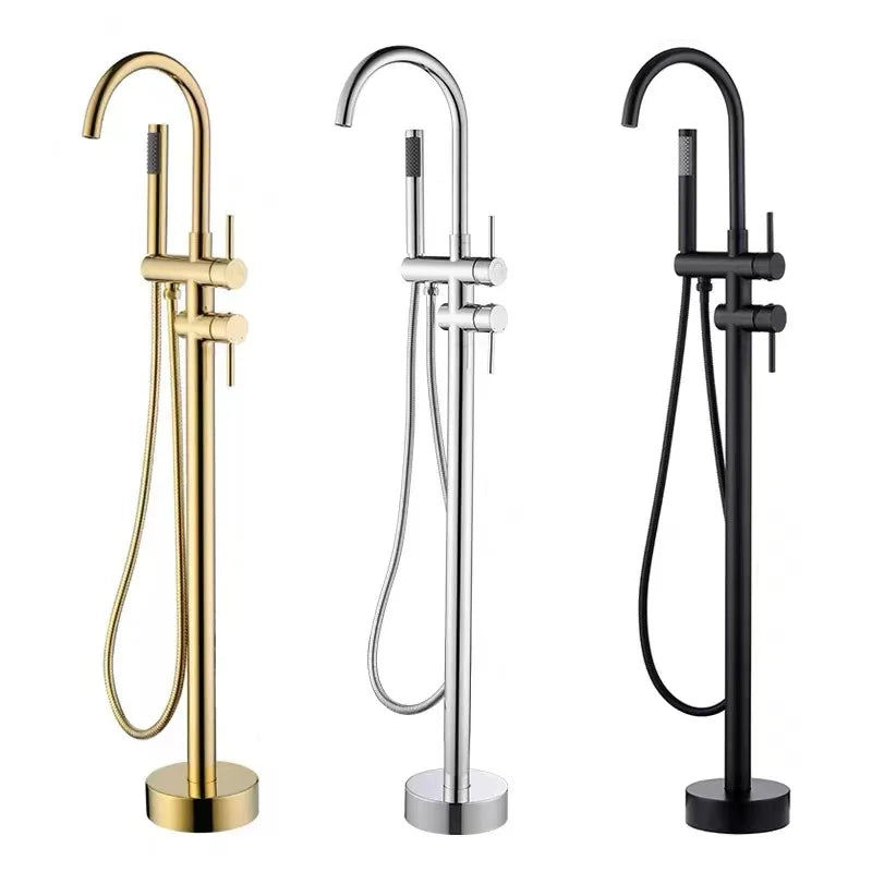 Luxury Hotel Project Gold Chrome Freestanding Bathtub Faucet Set Modern Rain Brass Mixer Shower Bath Taps With Hand Shower