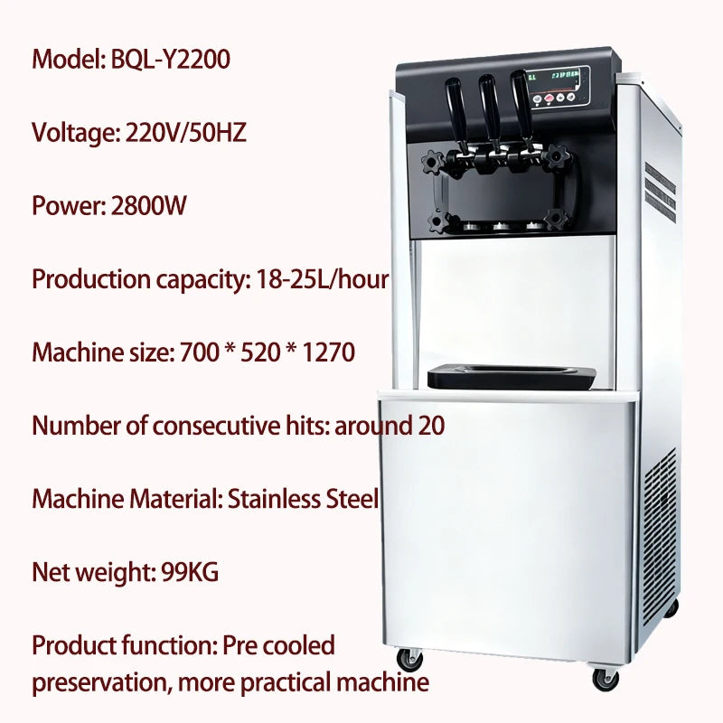 New Small Countertop Automatic Soft Ice Cream Machine 3 Flavors 220V 20L/H Capacity
