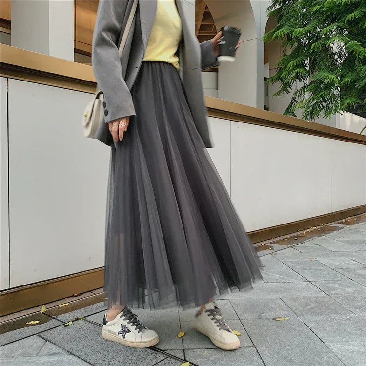 TingYiLi Elegant Tulle Skirt Autumn Winter Big Swing Women Skirt Korean Cute Pink Green Gray Blue Brown Black Long Skirt Tutu