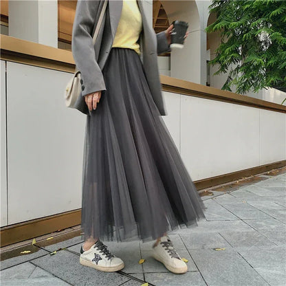 TingYiLi Elegant Tulle Skirt Autumn Winter Big Swing Women Skirt Korean Cute Pink Green Gray Blue Brown Black Long Skirt Tutu