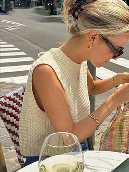 Women's Vintage Ice Silk Knitted Vest Spring Summer Casual Cross-Border Fashion Solid Layered Sleeveless Top Apricot Thin