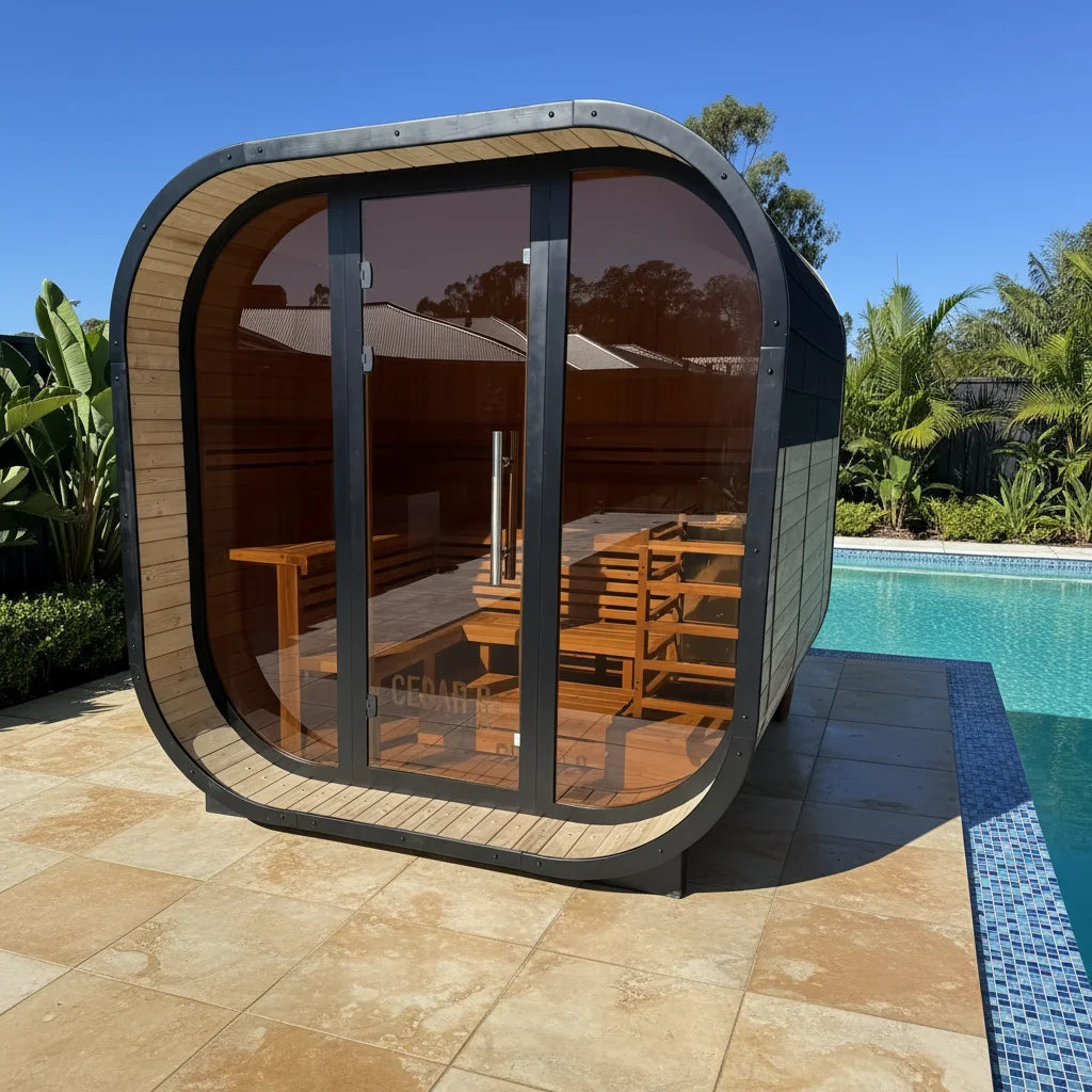 Premium Solid Wood outdoor cube sauna Tradition L-Shaped Double-Tiered Bench black sauna room with 220-240V sauna stove