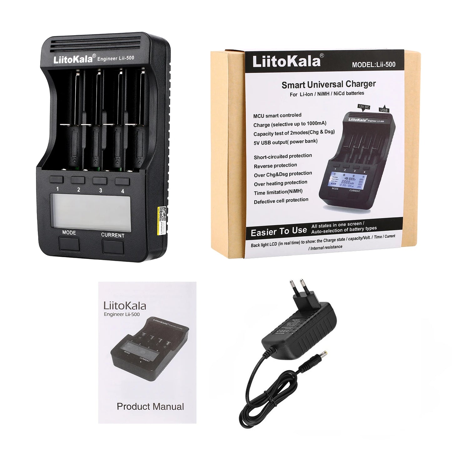 LiitoKala lii-500S lii-500 lii-600 LCD 3.7V 1.2V 18650 26650 21700 Battery Charger with screen Test the battery capacity