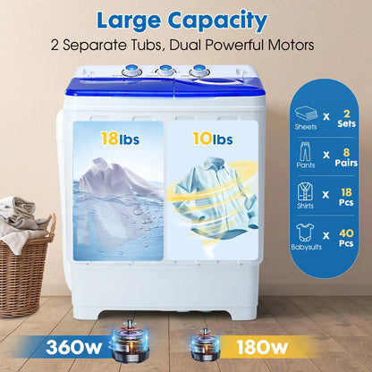 Portable Washing Machine Twin Tub - Compact Washer and Dryer Combo with Drain Pump - Mini Laundry Machine for Apartments, Dorms