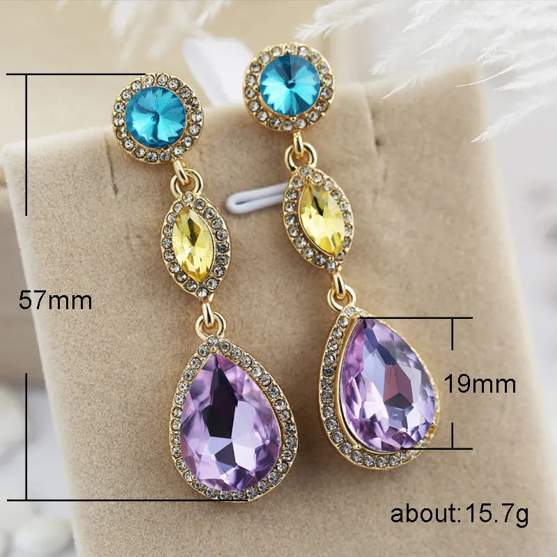 Golden Plated Crystal & Rhinestone Drop Earrings Amethyst Water Drop Shape Women Party Jewelry Romantic Style Fashion Dangle
