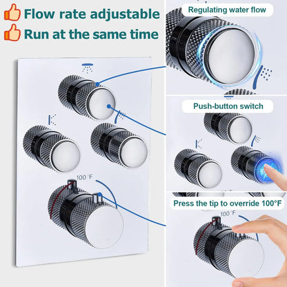 Thermostatic Shower System Full Coverage Rainfall Jet Shower Set Slide Bar Wall Mounted Brushed Nickel Finish for Apartment Use