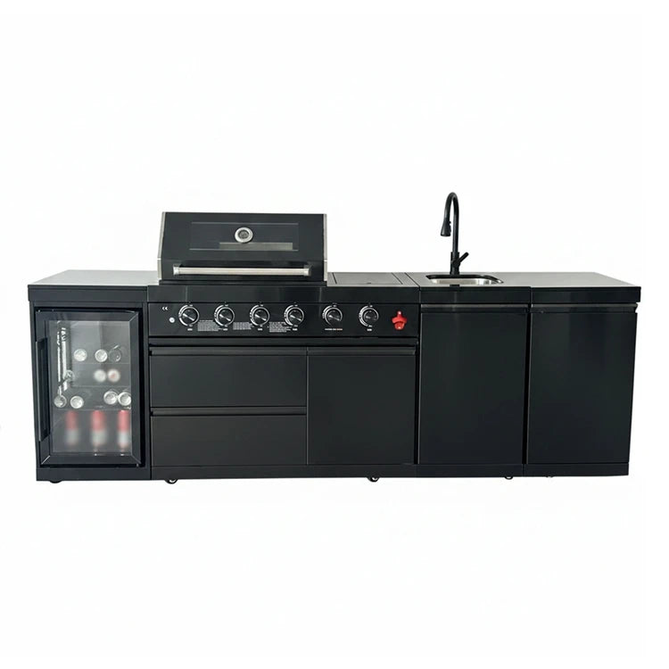 US Overseas Warehouse 304 Stainless Steel Outdoor Kitchen BBQ Island All in One Cooking Station with Fridge & Sink