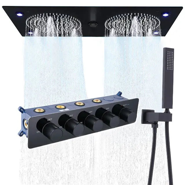 Black Ceiling Rain Brass Shower Combo with Thermostatic Mixing Valve Kit 24.4x12.6 Inch Rain Waterfall Shower Head
