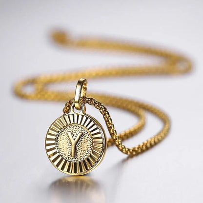Initial Letter Pendant Necklaces Round Charm Stainless Steel Box Link Chain for Women Men Jewelry Gift
