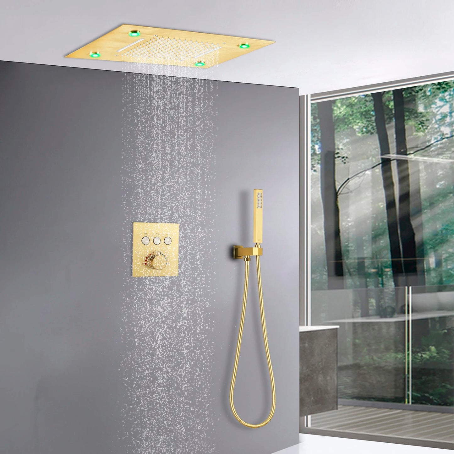 Ceiling Shower System 20x14 Inch Large LED Shower Head Rain Waterfall Bath Gold Faucets Set With Thermostatic Mixer Valve