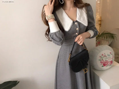 2021 Autumn Spring Basic Belt Plaid Shirt Dress Long Maxi Feminine Vestidos Chic Korea Design Clothes