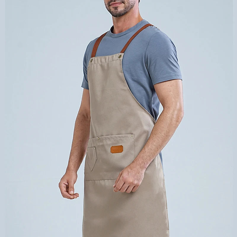 Khaki Kitchen Apron Waterproof Cross Adjustable Webbing Restaurant bar Barbershop Garden With Pocket Custom Logo