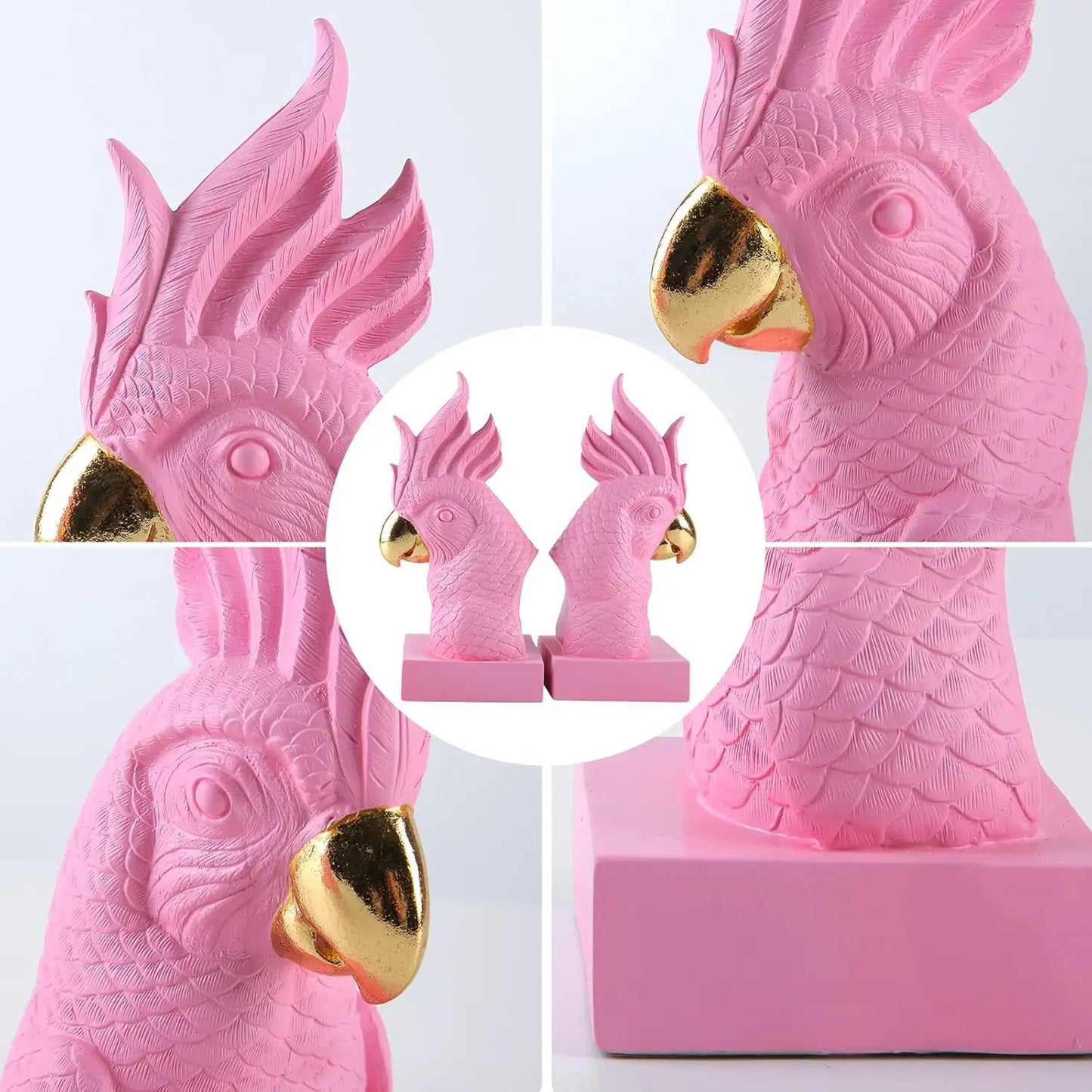 Pink Parrot Decorative Bookends Set of 2 Cute Bird Animal Sculpture Book Ends Resin Statues Book Stopper for Home Decor