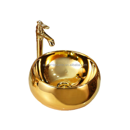 High Quality Golden Plating Round Countertop Sink Ceramic Bathroom Gold Color Wash Basin