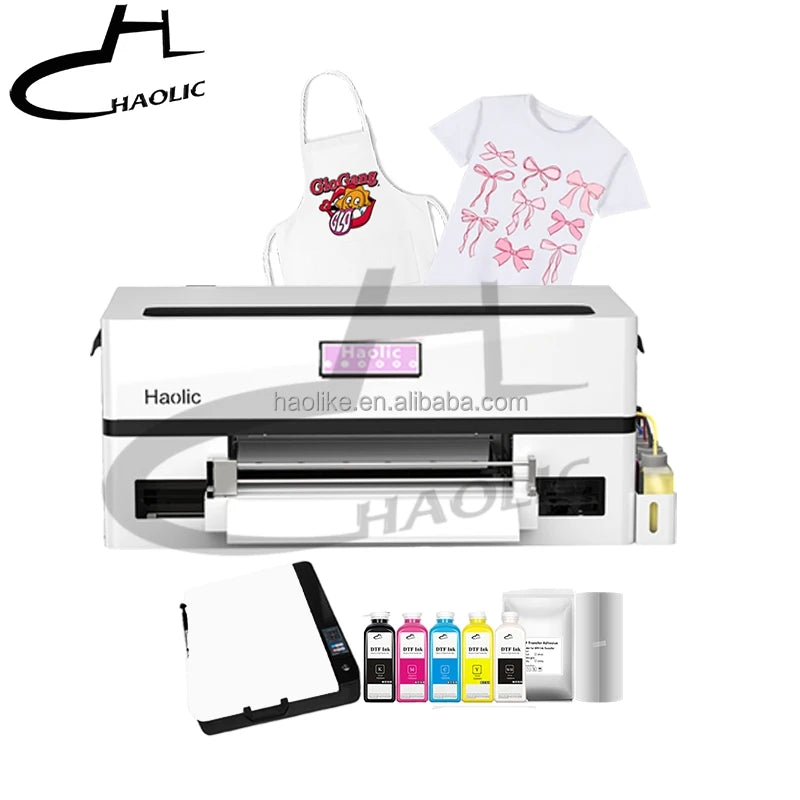 New Haolic Automatic Pink A3 DTF Printer XP600 Printheads 13 Inch PET Film Heat Transfer Fabric Printing Machine Women's Shirt