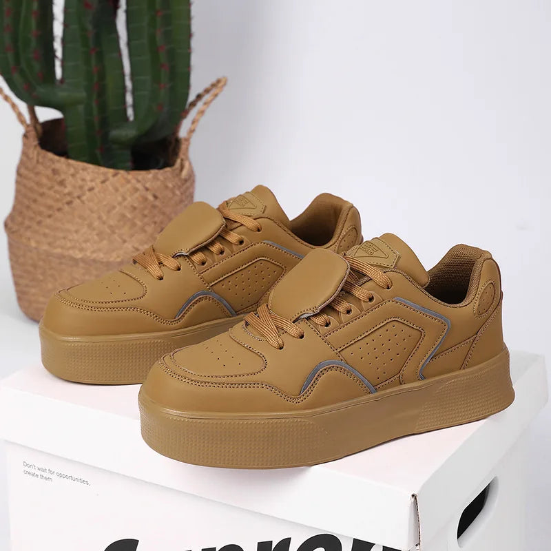 Devise White Men's Platform Sneakers Low Heel Lace-up Synthetic Upper PU Lining Rubber Outsole Comfort Walking Size 46 47