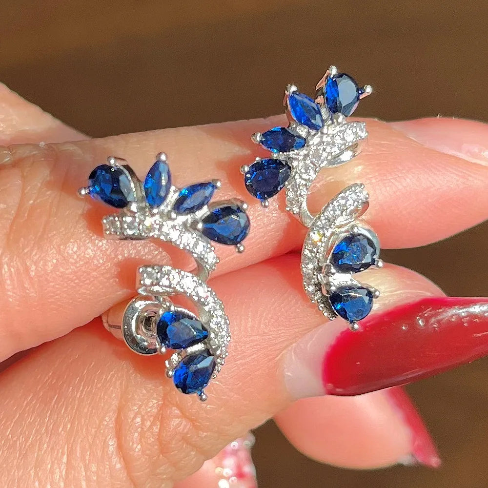 Romantic White Gold Plated 925 Silver Stud Earrings With Sapphire Heart Cut Diamonds Claw Setting For Women Wedding Jewelry