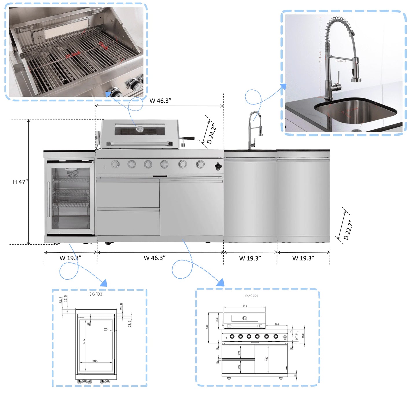 Usa Warehouse Luxury 304 Stainless Steel Bbq Modular Outdoor Kitchen Cabinet Set With Sinks Fridge