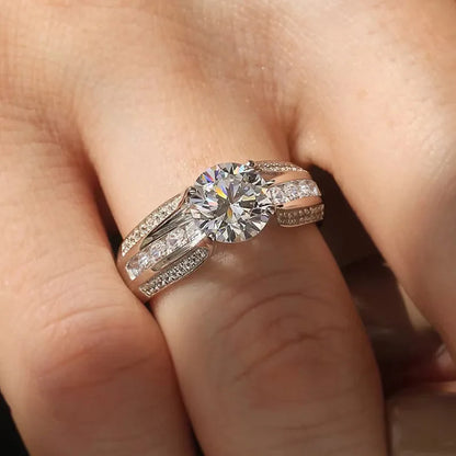 T0664 White Gold Diamond Ring Women's Engagement Natural Round Brilliant Cut D Color Side Diamonds
