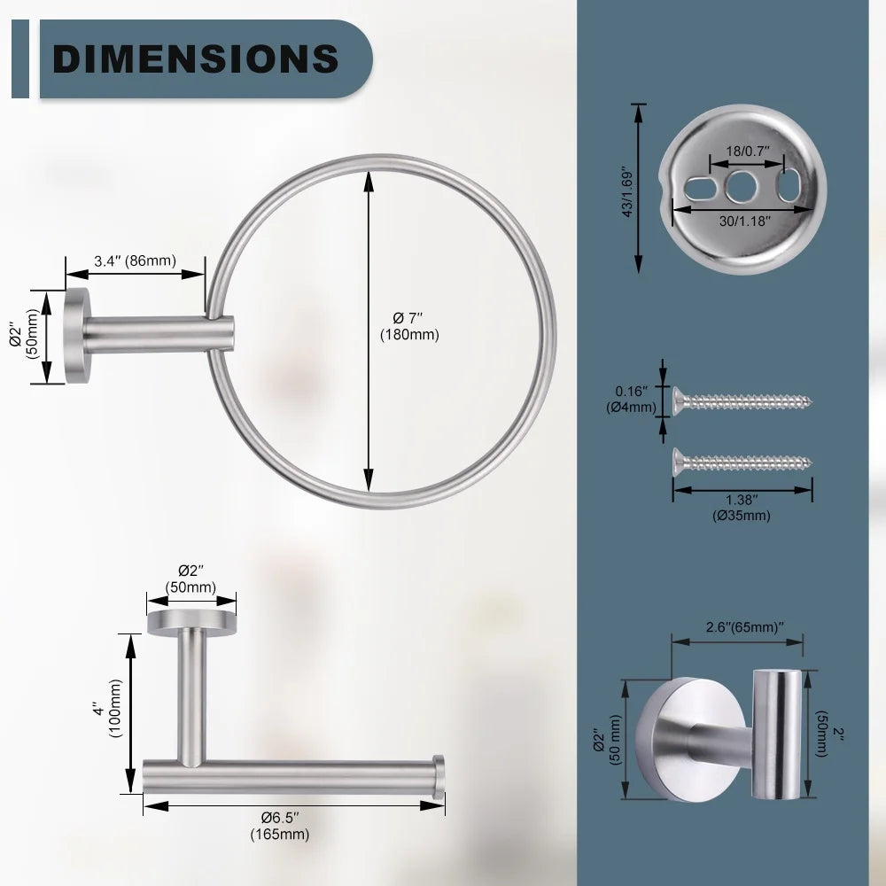 3 Pieces Brushed Nickel Bathroom Hardware Set Towel Ring Toilet Paper Holder Towel Hook, Wall Mounted Bathroom Accessories Set