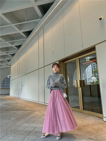 TingYiLi Elegant Tulle Skirt Autumn Winter Big Swing Women Skirt Korean Cute Pink Green Gray Blue Brown Black Long Skirt Tutu